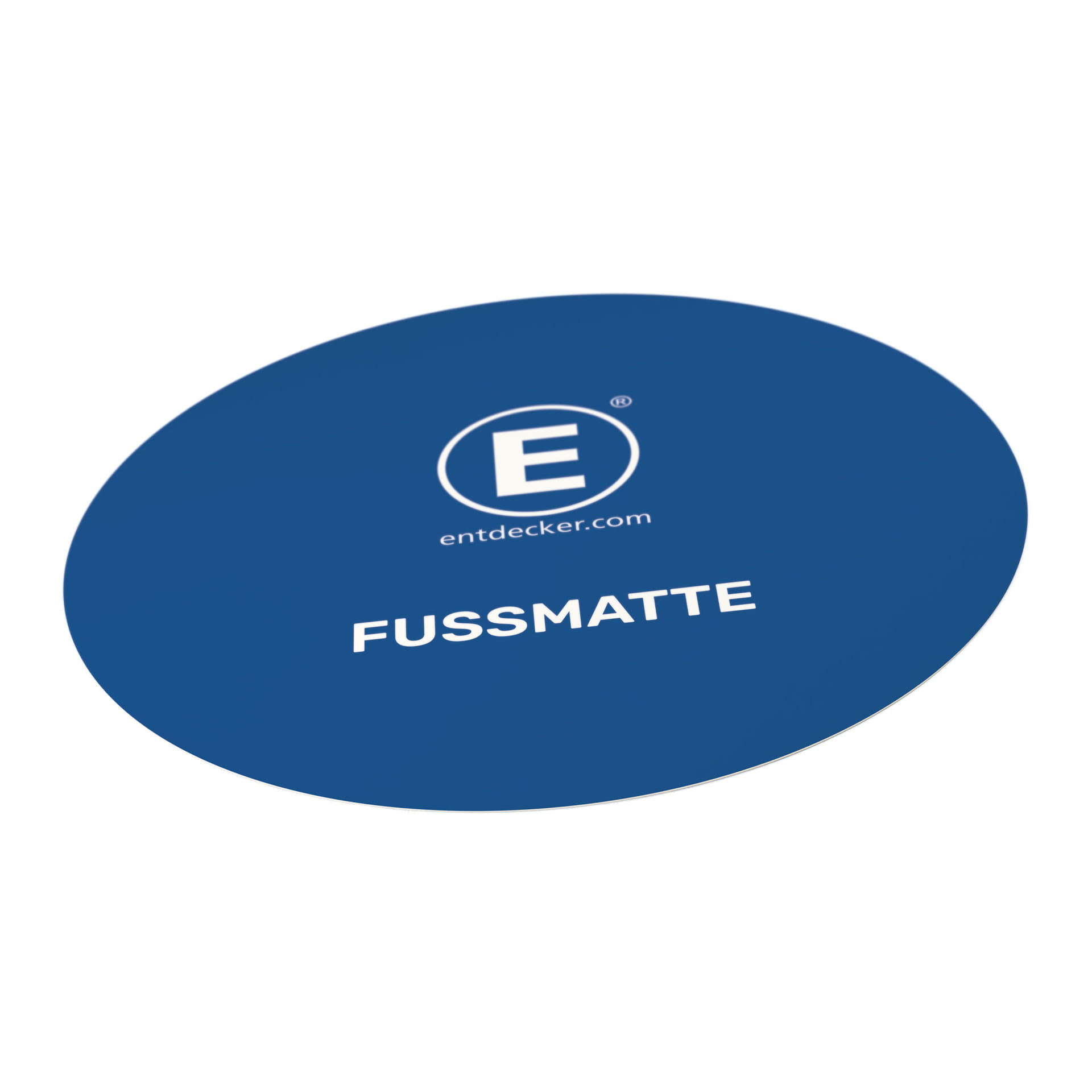 Runde, bedruckte Fußmatte in Blau mit dem Text FUSS MATTE und dem Logo von ENTDECKER.