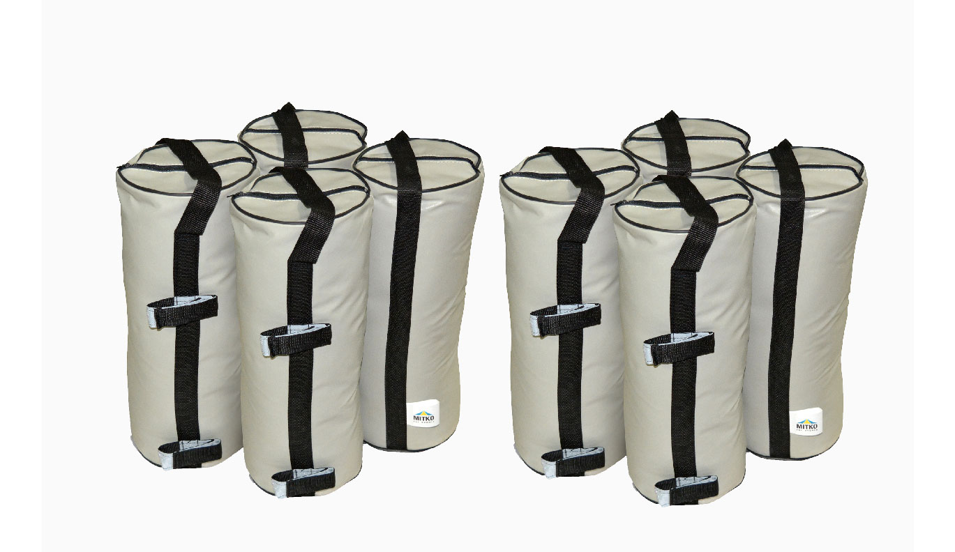 Set von acht Sandgewichten für Faltzelte, grau mit schwarzen Tragegriffen, jeweils 16 kg.
