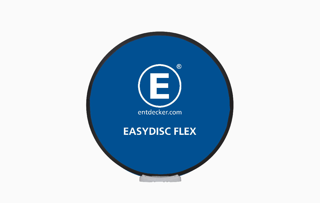 Rundes Werbedisplay "Easydisc Flex" in blauer Farbe mit dem Logo von ENTDECKER und der Website entdecker.com.