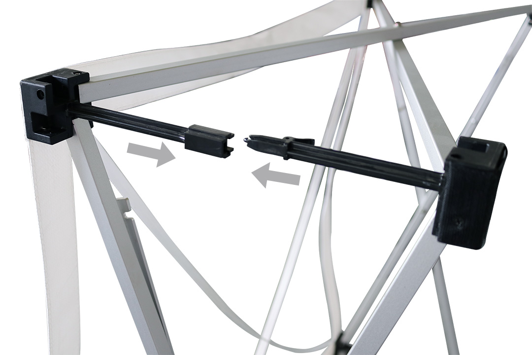 Falttheke Quickup Verbinder Pfeile, Verbindungselement aus schwarzem Kunststoff mit Pfeil-Mechanismus zur Stabilisierung.