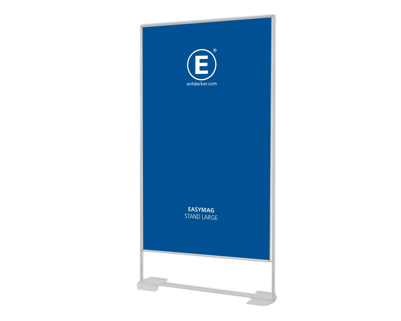 Easymag Aufsteller in Blau mit weißem Rahmen und dem Logo von ENTDECKER.