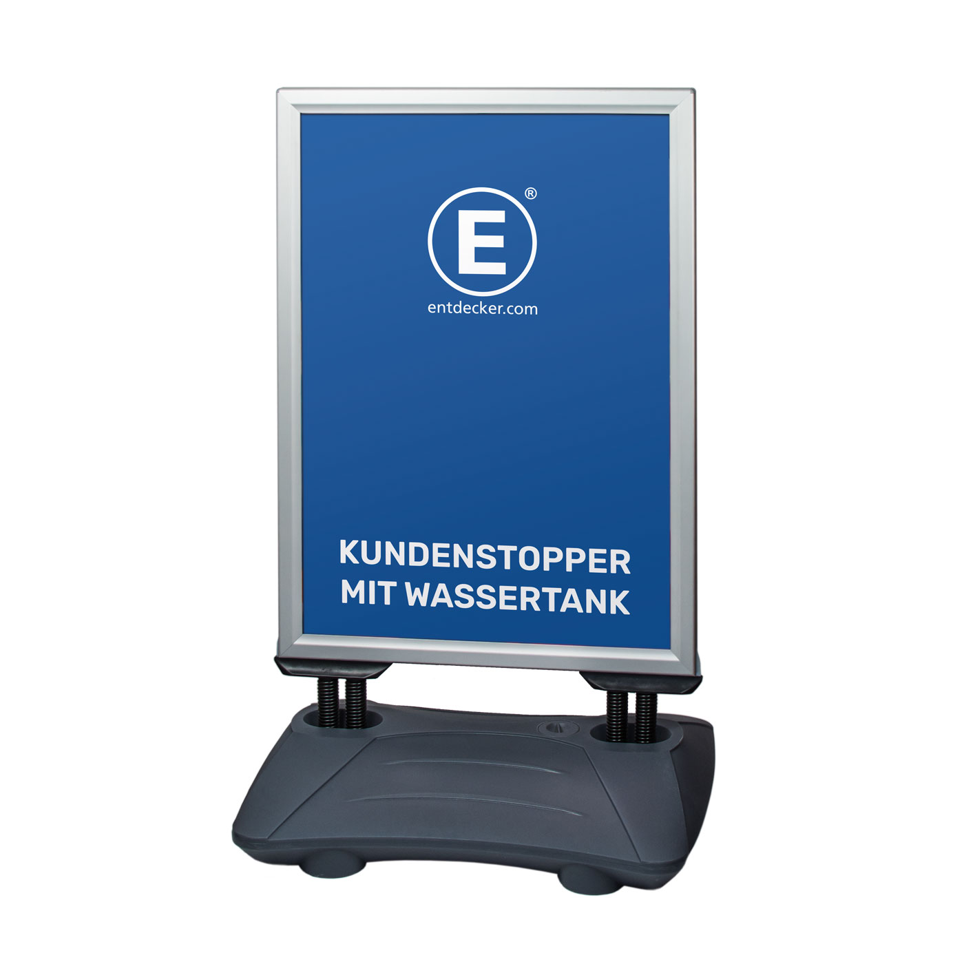 Kundenstopper mit Stahlfederfuß, blau bedruckt, von der Marke ENTDECKER, auf einem stabilen Gestell.